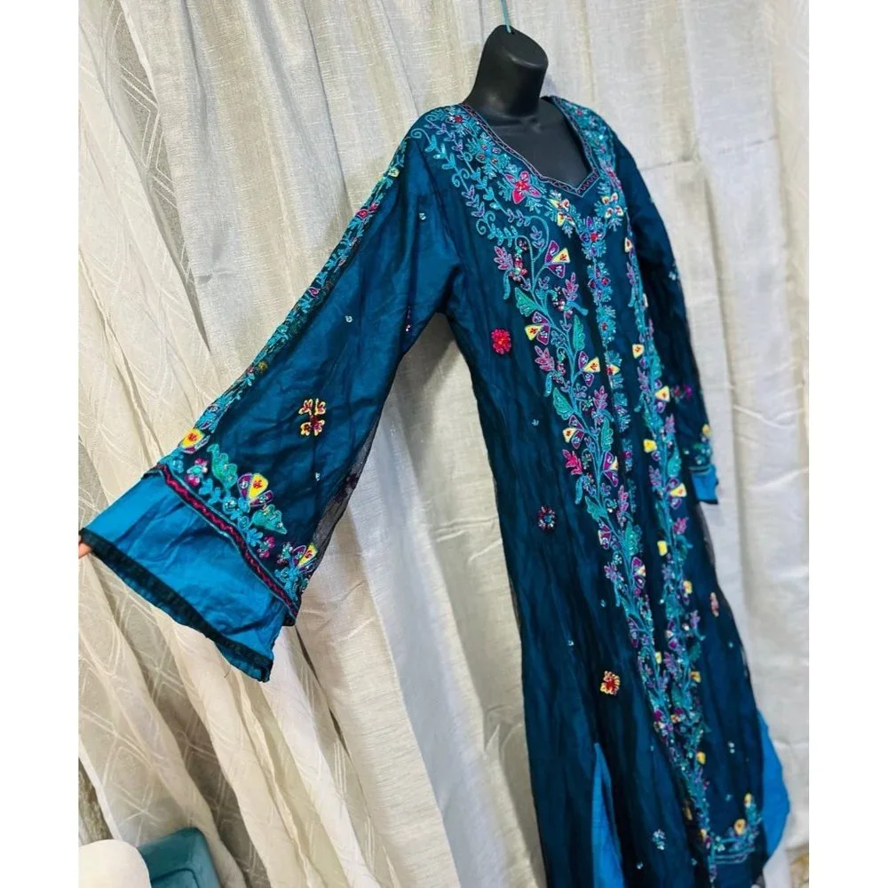 Dress gown maxi abaya turquoise green blue embroidered boho fashion - Picture 4 of 12